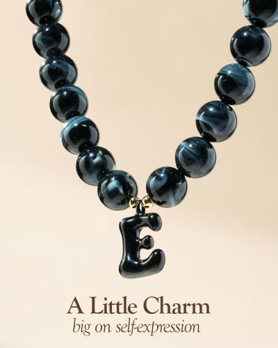 DoDoBeads Chunky Colorful Beaded Initial Necklace, Bubble Letter Choker | Gift box and dust pouch included; waterproof and sweat-resistant with real gold plated stainless steel hardware - color: Black-E