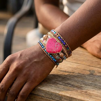 YGLINE Boho Handmade Wrap Leather Tube Crystal Stone Bracelet for Women - color: Heart Jasper
