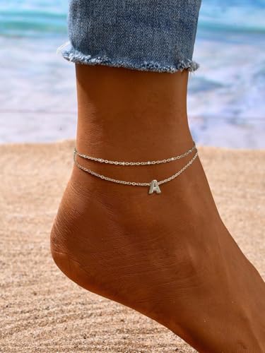 FaithHeart Initial Ankle Bracelets for Women, Waterproof 14k Gold Plated Initial Anklets Non Tarnish Stainless Steel Cute Layered Anklet Summer Beach Jewelry - color: Silver, size: Initial A