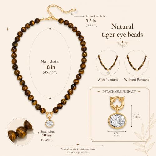 Natural Stone Beaded Necklace for Women 10mm Round Tiger Eye Bead Choker with Detachable Crystal Pendant Adjustable Boho Statement Jewelry Gift