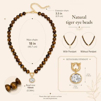 Natural Stone Beaded Necklace for Women 10mm Round Tiger Eye Bead Choker with Detachable Crystal Pendant Adjustable Boho Statement Jewelry Gift