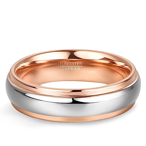 NUNCAD Men Women Tungsten Wedding Engagement Band | 4/6/8mm Two-tone Gold Silver, Domed Polished Step Edges, sizes 5-12 Wedding Band - color: 6mm-Rose Gold & Silver