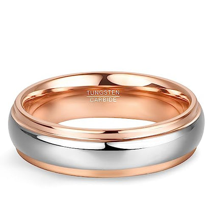 NUNCAD Men Women Tungsten Wedding Engagement Band | 4/6/8mm Two-tone Gold Silver, Domed Polished Step Edges, sizes 5-12 Wedding Band - color: 6mm-Rose Gold & Silver