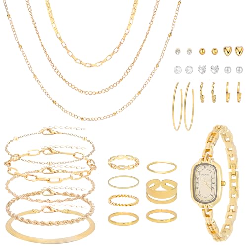 NEWITIN 61 Pieces Gold Jewelry Set for Women Fashion Costume Watch Jewelry | Bohemian Jewelry, Cubic Zirconia, Gold Plated Necklaces Bracelets Watch Rings Earrings Set for Women Party Daily, Women Gifts - color: Gold B