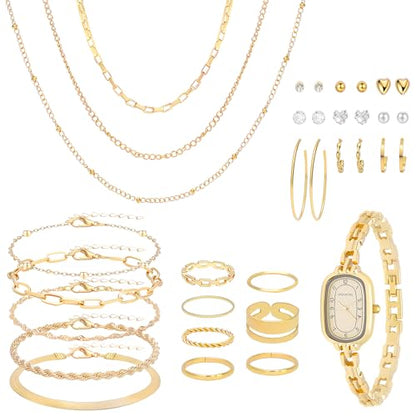 NEWITIN 61 Pieces Gold Jewelry Set for Women Fashion Costume Watch Jewelry | Bohemian Jewelry, Cubic Zirconia, Gold Plated Necklaces Bracelets Watch Rings Earrings Set for Women Party Daily, Women Gifts - color: Gold B
