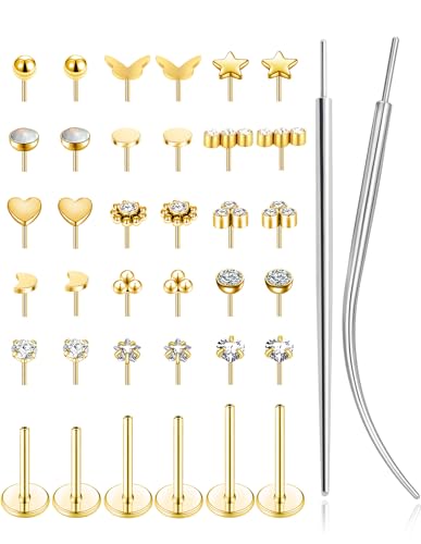 Threadless Push in Nose Studs Rings Stainless Steel Flat Back Earrings Labret Monroe Lip Rings for Women Men Cartilage Helix Conch Tragus Piercing Jewelry 6mm 8mm 10mm Silver Gold Tone - color: Gold, size: 20G(0.8mm)