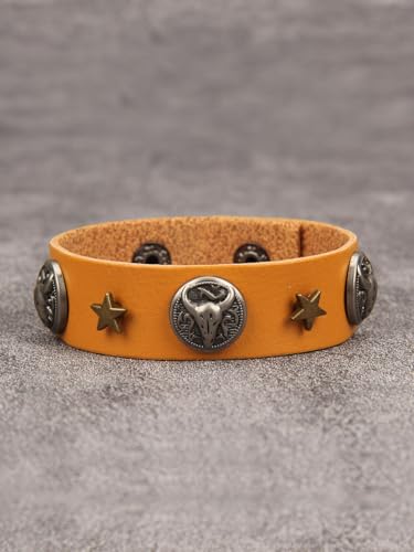 Jeilwiy Punk Leather Wristbands for Men Bracelets Handmade Wide Cuff Bangle Braided Jewelry Black Brown Adjustable - Punk Father's Gifts - color: Rocker Star & Orange