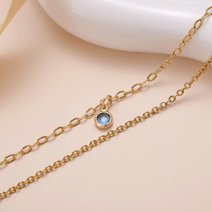 MIXJOY Something Blue Gift for Bride - Gold Double-Layer Wrist Chain Anklet with Blue CZ, Minimalist Round Gem Anklet for Bridal Shower, Bachelorette Party, Summer Beach Engagement Jewelry for Brides