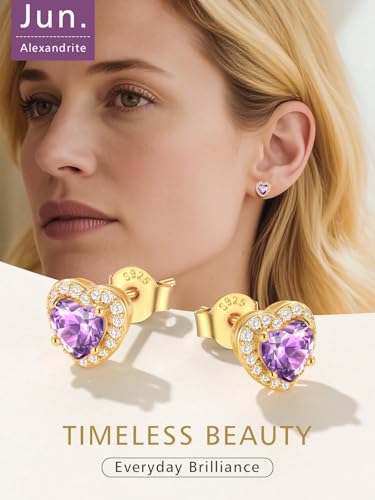 FindChic Birthstone Earrings for Women, Round/Heart/Square/Teardrop Earrings with 925 Sterling Silver Posts & Push Backs, Hypoallergenic Studs with Cubic Zirconia, 12 Months Jewelry with Gift Box - style: 06. June-Alexandrite (Heart-Gold)
