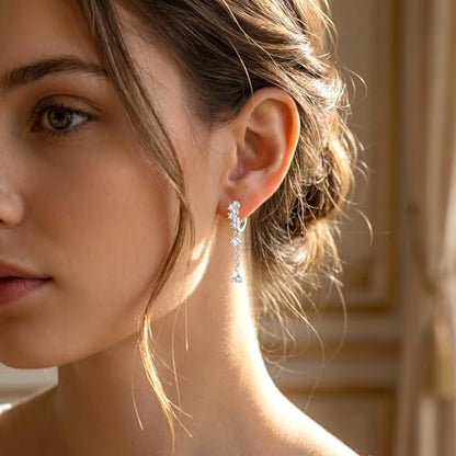 Silver CZ Dangle Earrings Hoop Leverback Drop Earrings Jewelry in Gifts Box | Hypoallergenic Elegant Cubic Zirconia Lightweight Drop Sliver /14k Gold Chain Drop Earring Jewelry for Women Daily Wear - color: Silver