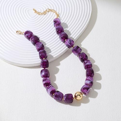 Chunky Beaded Necklace for Women Boho Statement Bead Necklace Adjustable Choker with Polished Disc/Square Beads Trendy Summer Beach Jewelry Gifts - color: Purple