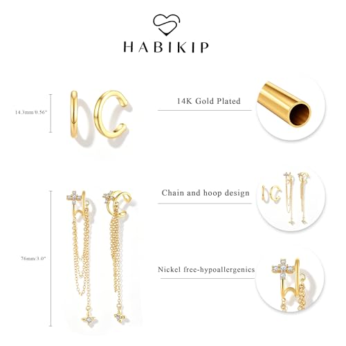 14K Gold Plated Ear Cuff Earrings for Women, Dainty Ear Cuffs Non Piercing Clip on Earrings Trendy Non pierced Cubic Zirconia Fake Hoop Earring Jewelry Sets for Women - color: Gold-1