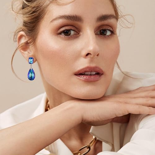 Crystal Heart Teardrop Dangle Earrings for Women Hypoallergenic Multicolor Cubic Zirconia Drop Earrings for Wedding Prom Party Daily Wear - color: Teardropblue