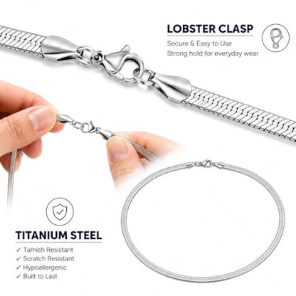 Titanium Steel Flat Snake Chain Necklace for Women and Men, 4mm Wide Silver Tone Herringbone Chain with Lobster Clasp, Minimalist Jewelry for Daily Wear and Layering