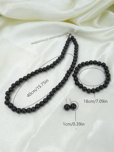 xuzhiyuan 10mm Faux Pearl Jewelry Set for Women, Classic 3-Piece Necklace Bracelet and Earring Set, Hypoallergenic Fashion Jewelry Gift for Mom Wife - color: Black