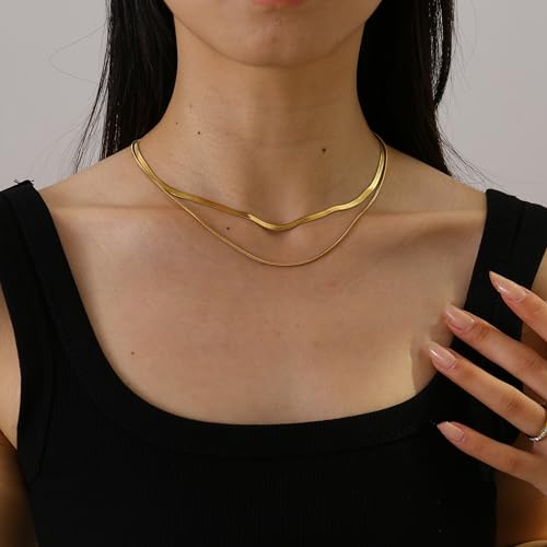 18K Gold Plated Layered Herringbone Necklaces for Women Dainty Layering Beaded Snake Chain Choker Moon Coin Pendant Necklace Trendy Stainless Steel Jewelry - color: Double Herringbone-Gold