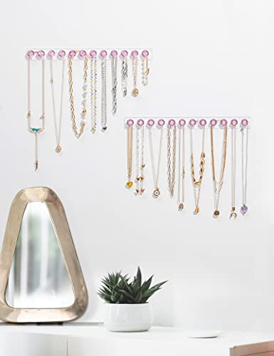 Necklace Holder Wall Mounted Necklace Hanger Hanging Necklace Organizer | Acrylic Jewelry Hanger with 12 Hooks, Jewelry Hooks for Necklaces/Bracelets, Jewelry Wall Organizer - color: Pink – 2Pack