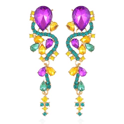Fashion Rhinestone Statement Drop Dangle Earrings Long Colorful Crystal Bridal Wedding Teardrop Chandelier Earrings for Women Prom Pageant - color: Mardi Gras