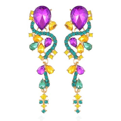 Fashion Rhinestone Statement Drop Dangle Earrings Long Colorful Crystal Bridal Wedding Teardrop Chandelier Earrings for Women Prom Pageant - color: Mardi Gras