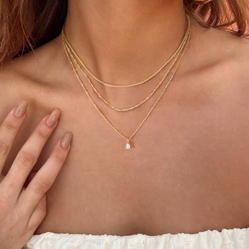 Dainty Layered Necklaces for Women,14k Gold Plated CZ Choker Necklace Stack | 14K Gold Plated Necklace set,Non Tarnish Hypoallergenic Beaded Paperclip Chain Necklace Stack Women's Minimalist Jewelry Gift - color: Gold-2