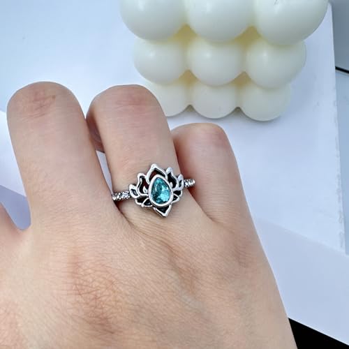 Lotus Ring for Women - Zircon Inlaid Flower Promise Ring - My Trauma Inspirational Statement Floral Jewelry Gift - color: blue