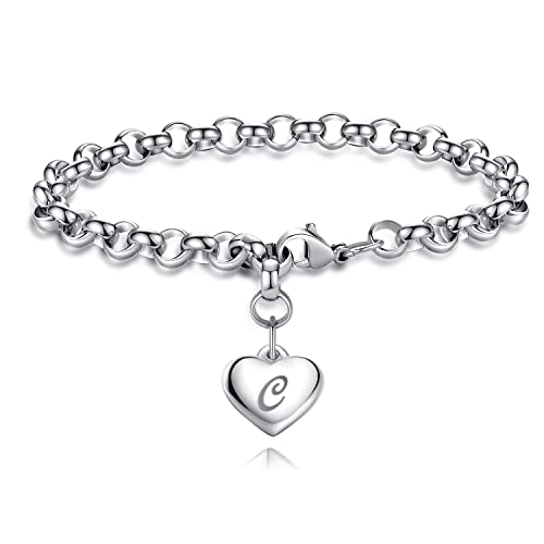 TONY & SANDY Initial Charm Bracelets for Girls Women Stainless Steel A-Z Bracelet Personalized Gifts Birthday Graduation Easter Basket Stocking Stuffers for Teens Girls Women Jewelry - style: C - Heart