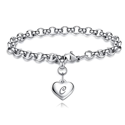 TONY & SANDY Initial Charm Bracelets for Girls Women Stainless Steel A-Z Bracelet Personalized Gifts Birthday Graduation Easter Basket Stocking Stuffers for Teens Girls Women Jewelry - style: C - Heart