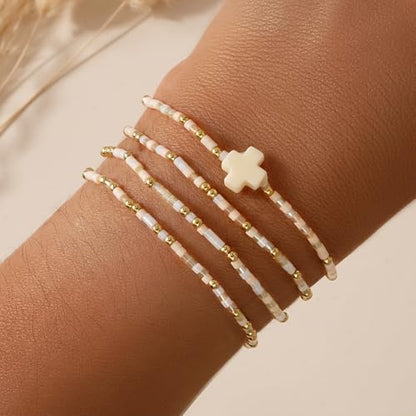 Christian Cross Christmas Stackable Seed Beaded Bracelets for Women, Boho Colorful Healing Stretch Accessories God Christ Pray Faith Amulet Jewelry, Daily Party Holiday Friendship Gift - color: Peach