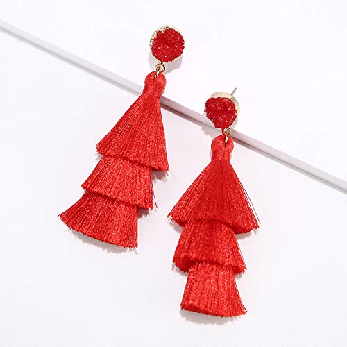 Bohemian Tiered Tassel Earrings with Druzy Stud for Women | Long Layered Fringe Drop Earrings, Statement Jewelry for Party Beach Festival - color: Red