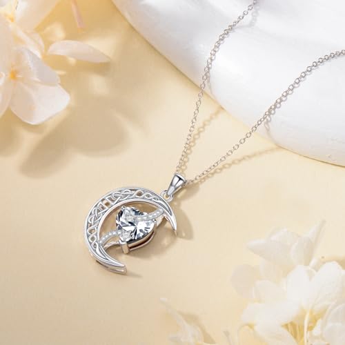 TOUPOP Moon and Star Birthstone Necklace for Women 925 Sterling Silver Celtic Moon Jewelry Birthday Mothers Day Gifts for Mom Wife Her - color: 04-April-Simulated Diamond