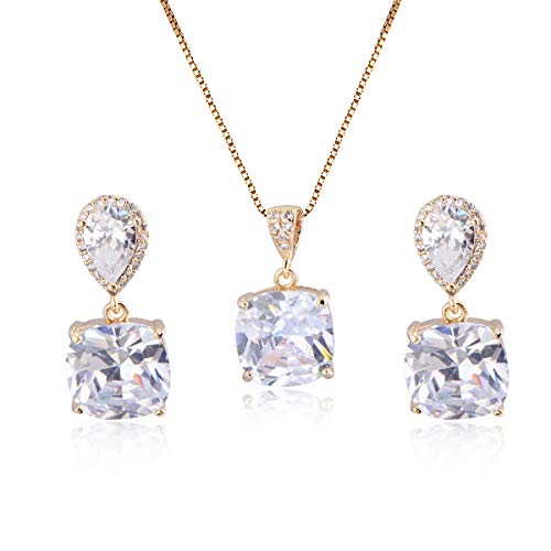 Elegant Jewelry Set for Women Silver Teardrop CZ Drop Earrings and Necklace | Square Teardrop Cubic Zirconia Rhinestone Jewelry Sets Bridal Jewelry Sets for Wedding Bride Bridesmaids Mother of Bride - style: Shining Beauty (14k Gold Plated)
