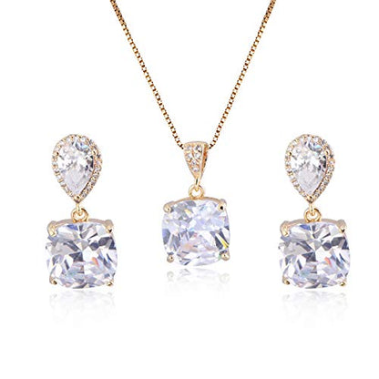 Elegant Jewelry Set for Women Silver Teardrop CZ Drop Earrings and Necklace | Square Teardrop Cubic Zirconia Rhinestone Jewelry Sets Bridal Jewelry Sets for Wedding Bride Bridesmaids Mother of Bride - style: Shining Beauty (14k Gold Plated)