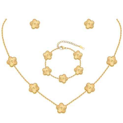 Gold Necklaces Bracelets Earring Set - 18K Gold Plated Flower Bracelet Chain,Stainless Steel Non Tarnish Floral Pendant Stud Jewelry Sets,Christmas Birthday Lucky Gift for Mom Wife Daughter Girlfriend - color: Gold