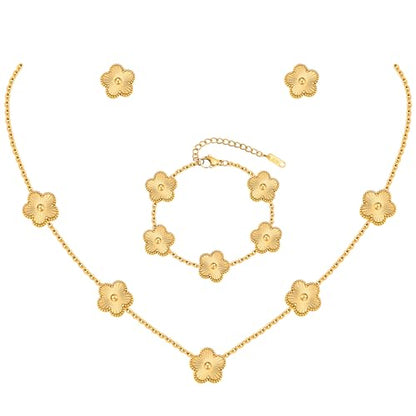 Gold Necklaces Bracelets Earring Set - 18K Gold Plated Flower Bracelet Chain,Stainless Steel Non Tarnish Floral Pendant Stud Jewelry Sets,Christmas Birthday Lucky Gift for Mom Wife Daughter Girlfriend - color: Gold