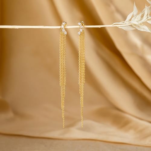 Robaice Long Gold Dangle Earrings for Women, 14K Plated Tassel Earring | Gold Chain Dangling Earrings, Trendy Drop Prom Earring, Lightweight Statement Party Jewelry, Gift for Women - style: F-cz dangle drop tassel