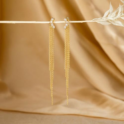 Robaice Long Gold Dangle Earrings for Women, 14K Plated Tassel Earring | Gold Chain Dangling Earrings, Trendy Drop Prom Earring, Lightweight Statement Party Jewelry, Gift for Women - style: F-cz dangle drop tassel