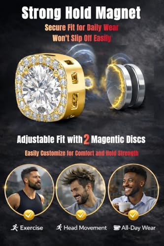Magnetic Earrings for Men 5A Cubic Zirconia Stainless Steel Clip On Earring | 2 Pairs Fake Earrings Non Pierced Magnet Nose Stud Piercings for Women, 5/6/7/8MM Simulated Diamond, Gold/Silver/Black Color - color: Gold-Style One-8mm
