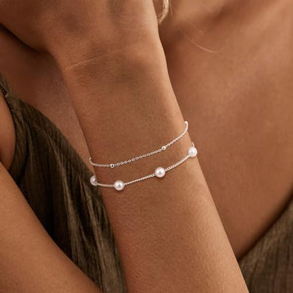 NECOCY 14K Gold Plated Pearl Bracelets for Women, Dainty Bracelets Stack Trendy Pearls Beaded Link Chain Charm Bracelets Set Layered Tiny Wedding Prom Jewelry Gift for Women Mother's Day Graduation - style: Style-1-Silver