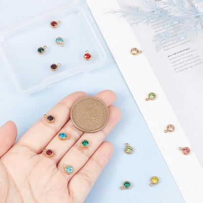 UNICRAFTALE 18K Gold Plated Flat Round Real Birthstone Charms Rhinestone Pendants Crystal Glass Charms Metal Dangle Pendants for DIY Bracelets Necklaces Jewelry Making - color: Mixed Color