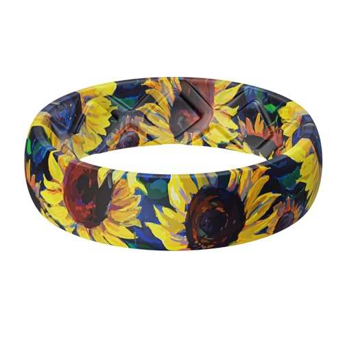 Egnaro Silicone Statement Ring Women, Floral Patterned Rubber Wedding Band | 5.2mm Wide 2mm Thick Printed Style, Inner Arch and Breathable X Grooves for Gym Workout Travel Work Pregnancy Daily Wear - color: D-Sunflower