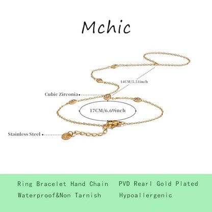 Mchic Hand Chain Tennis Bracelets for Women Trendy: Dainty Diamond Beaded Bracelet 14K Gold Plated/Silver Finger Ring Bracelet Hand Chain Jewelry Adjustable Sparkly Prom Bracelets - color: Rhombic CZ hand chain silver