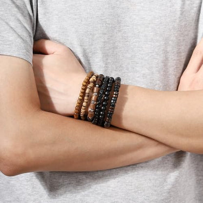 Mens Beaded Bracelets Tribal Wooden Elastic Adjustable Prayer Beads Wrap Cuff for Women - color: T: 6pcs