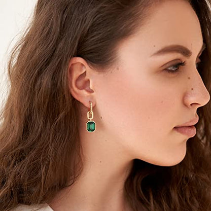 Birthstone Crystal Dangle Drop Earrings, 18K Gold Plated Huggie HoopEarring | Hypoallergenic Earring Jewelry Gifts for Women, Birthdays, anniversaries, weddings - color: Green-1
