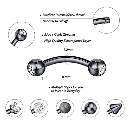 10PCS 16G Eyebrow Rings Set, Surgical Steel Curved Barbell Piercing Jewelry for Women Men, Helix Rook Daith Tragus Cartilage Earrings, Butterfly Heart Flower Spike Design, 8mm Bar - color: B-11Pcs-Black-8mm