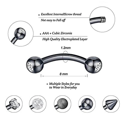 10PCS 16G Eyebrow Rings Set, Surgical Steel Curved Barbell Piercing Jewelry for Women Men, Helix Rook Daith Tragus Cartilage Earrings, Butterfly Heart Flower Spike Design, 8mm Bar - color: B-11Pcs-Black-8mm