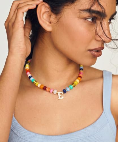 Colorful Beaded Initial Necklace for Women - Colorful Letter A-Z Necklaces, 14K Gold Plated Zirconia Bubble Letter Charm, Women Gold Jewelry Personalized Birthday Gifts - color: E