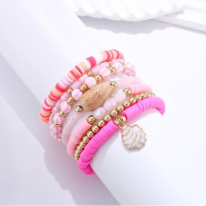 Summer Surfer Heishi Bracelet Set for Women Stackable Gold Plated Clay Ploymer Bead Stretch Pink Beach Layering Bracelets Jewelry - color: A-Pink Watermelon shell charm 7pcs