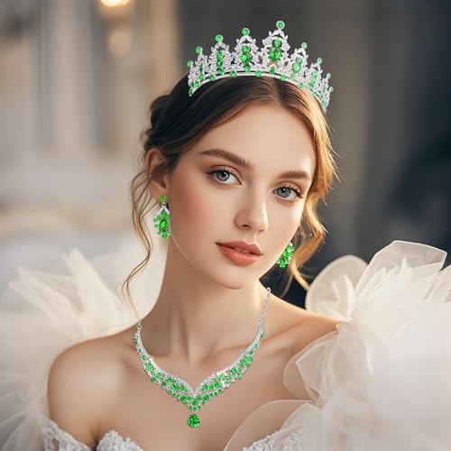 Crowns and Tiaras jewelry sets for Wedding princess birthday party Halloween Prom Pageant Jewelry for Women Crystal Bridal Jewelry Set for women - color: Silver Green