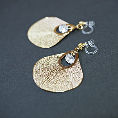 Drop Cubic Zirconia Invisible Clip On Earrings for Women Not Pierced Gold Teardrop Sqaure CZ Crystal Dangle Gold Silver Comfortable Clip On Earrings Bridal Wedding Prom - color: Fan Gold