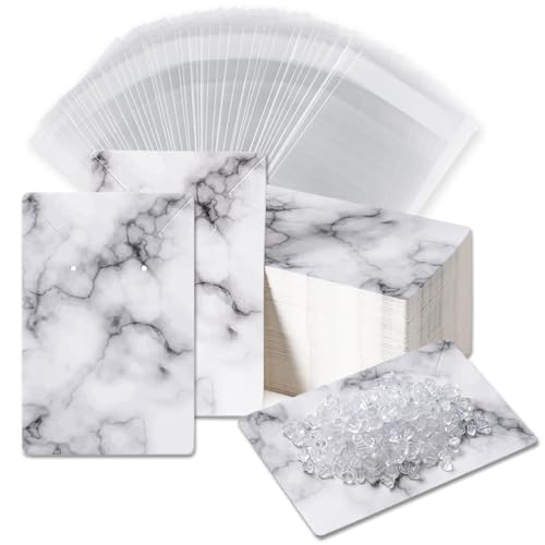 Earring Cards, Set Jewelry Making Supplies with 100 Pcs Earring Holder Cards 200 Pcs Earring Backs and 100 Jewelry Packaging for Earrings Necklace Jewelry Display, Bags 3.5x2.4 Inches (Marble White) - color: White Marble Pattern